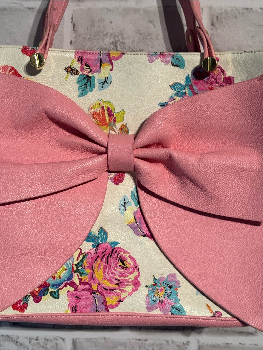 Betsey Johnson Pink Bow Floral Tote Bag Cottagecore Glam - Picture 3 of 8